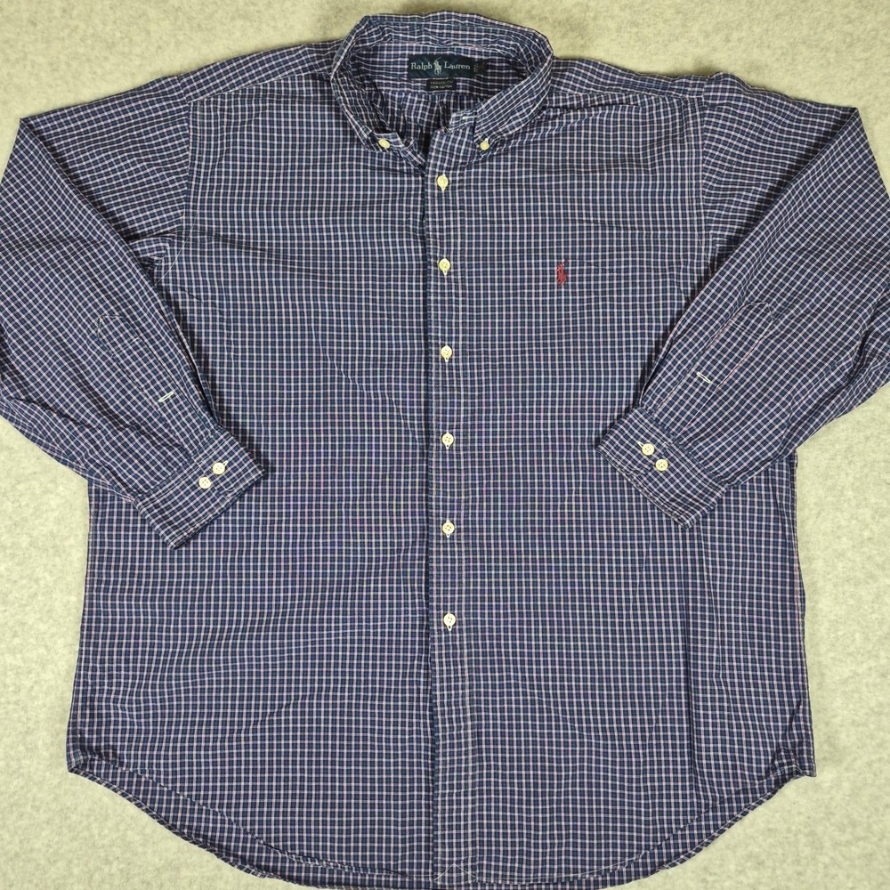 VTG Ralph Lauren Button Down Shirt Mens 17 34/35 Blue Plaid Yarmouth Cotton
